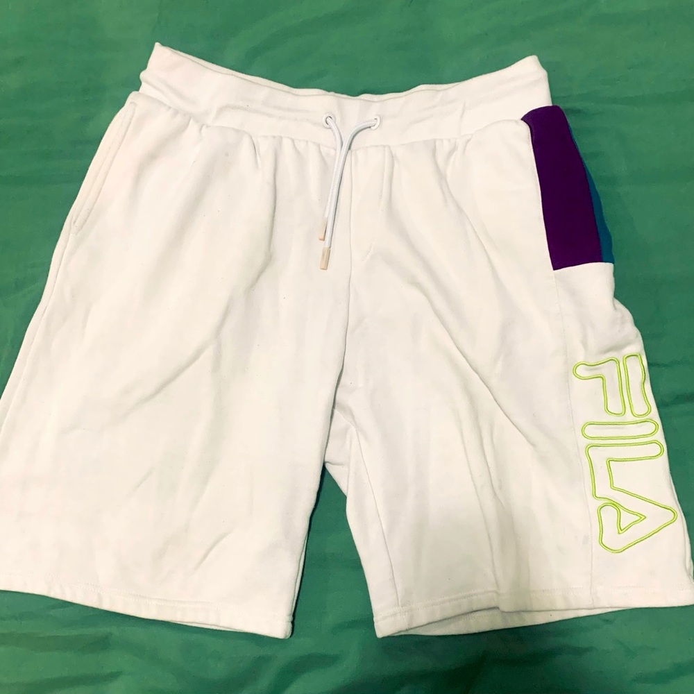 Fila White Athletic Shorts with Purple & Teal Accent
